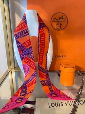 Hermes Orange Purple Pink Chain Print Twilly Scarf